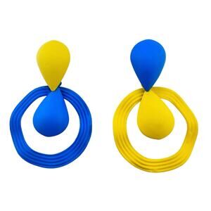 Modern Color Block Blue Yellow Asymmetrical Abstract Dangle Fashion 2" Earrings